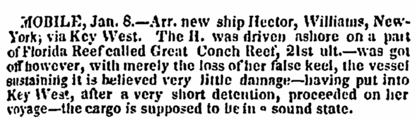 article on the ship Hector, Charleston Courier newspaper article 20 January 1834