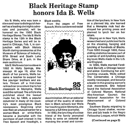 article about Ida B. Wells, Chicago Metro News newspaper article 27 January 1990