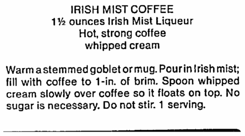 recipe for Irish mist coffee, Chicago Metro News newspaper article 17 March 1984