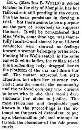 article about Ida B. Wells, Cleveland Gazette newspaper article 11 December 1886