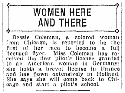 article about Bessie Coleman, Daily Illinois State Register newspaper article 18 August 1922