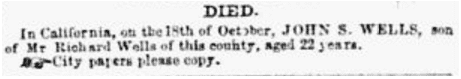 obituary for John Wells, Daily Missouri Republican newspaper article 3 January 1850