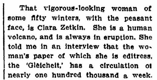 article about Clara Zetkin, Daily People newspaper article 6 October 1910