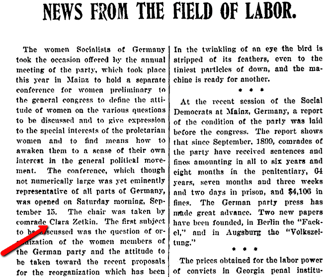 article about Clara Zetkin, Daily People newspaper article 15 November 1900