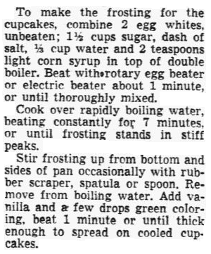 recipe for green frosting for St. Patrick's Day cupcakes, Dallas Morning News newspaper article 11 March 1952