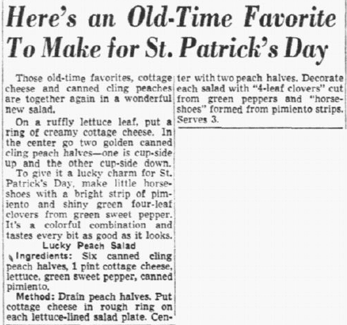 recipe for an Irish cottage cheese peach salad, Dallas Morning News newspaper article 14 March 1952