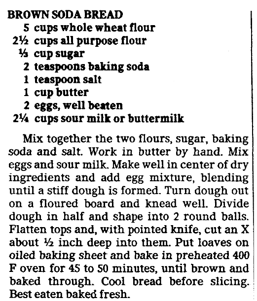 recipe for Irish brown soda bread, Dallas Morning News newspaper article 15 March 1984
