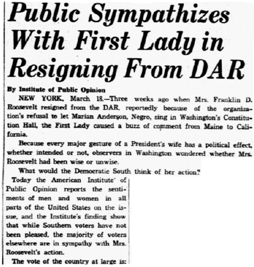 article about Eleanor Roosevelt and the DAR, Dallas Morning News newspaper article 19 March 1939