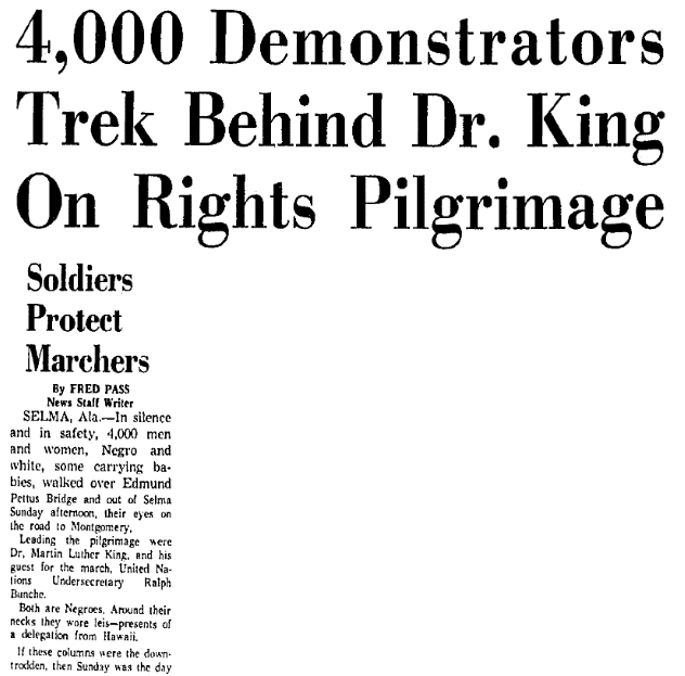 article about the Selma to Montgomery protest march, Dallas Morning News newspaper article 22 March 1965