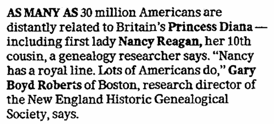 an article about Nancy Reagan's ancestry, Dallas Morning News newspaper article 1 August 1983