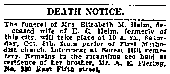 obituary for Elizabeth Helm, Duluth News-Tribune newspaper article 8 October 1910