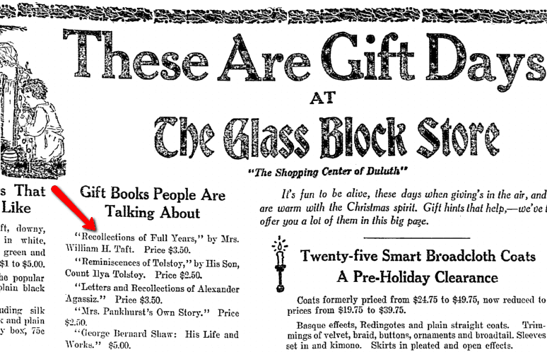 book ads, Duluth News-Tribune newspaper advertisement 29 November 1914