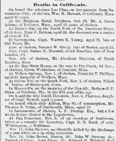 list of deaths in California, Emancipator and Republican newspaper article 26 December 1850