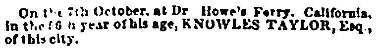 obituary for Knowles Taylor, Evening Post newspaper article 26 November 1850