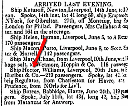 article about the ship Hector, Evening Star newspaper article 29 July 1834