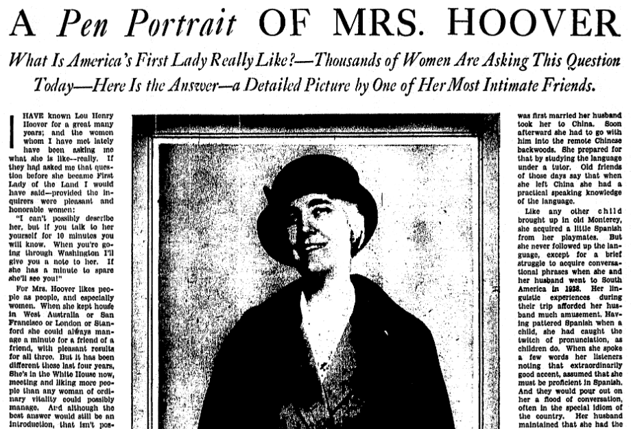 article about Lou Hoover, Evening Star newspaper article 23 October 1932