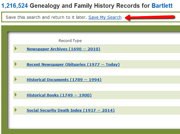 A screenshot of GenealogyBank showing the "Save My Search" feature