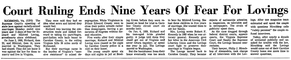 article about Richard and Mildred Loving, Greensboro Daily News newspaper article 13 June 1967