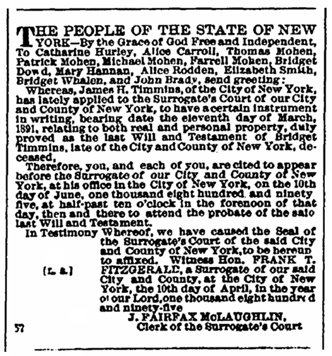 probate notice for Bridget Timmins, Irish American Weekly newspaper article 2 September 1895