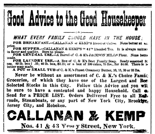 ad for the grocers Callanan & Kemp, Irish American Weekly newspaper advertisement 2 September 1895