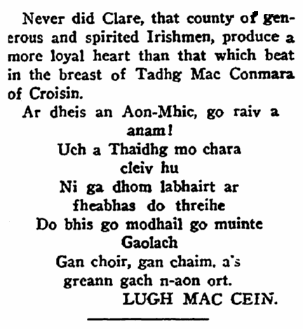 epitaph for Tadhg MacConmara, Irish American Weekly newspaper article 14 December 1912