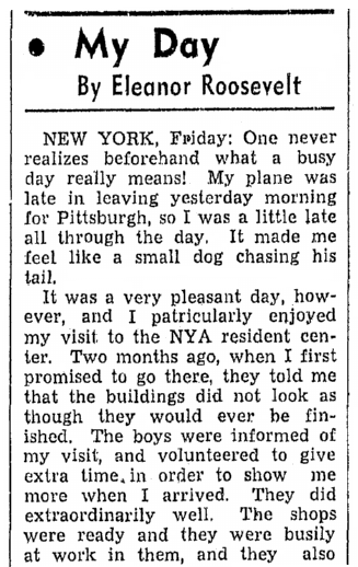 an article about Eleanor Roosevelt's "My Day" newspaper column, Lexington Herald newspaper article 8 September 1941