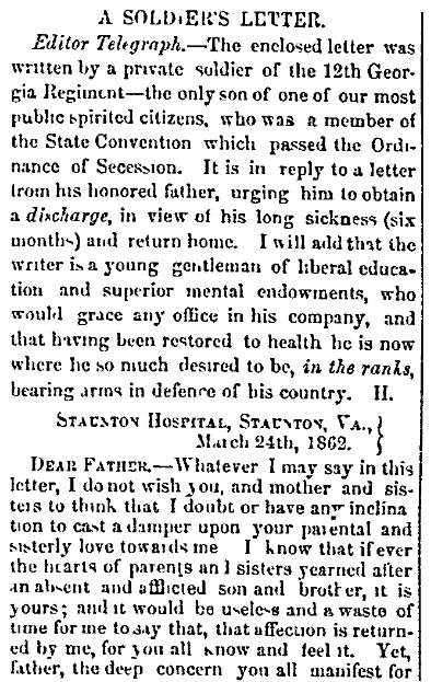 a letter from a Confederate soldier during the Civil War, Macon Telegraph newspaper article 7 May 1862