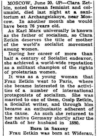 obituary for Clara Zetkin, Macon Telegraph newspaper article 21 June 1933