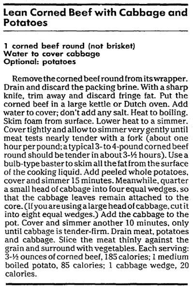 recipe for corned beef for St. Patrick's Day, Mobile Register newspaper article 13 March 1992