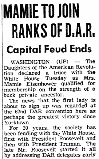 article about Mamie Eisenhower and the DAR, Morning Star newspaper article 22 April 1953