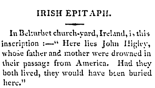 epitaph for John Higley, New-Jersey Journal newspaper article 23 December 1806