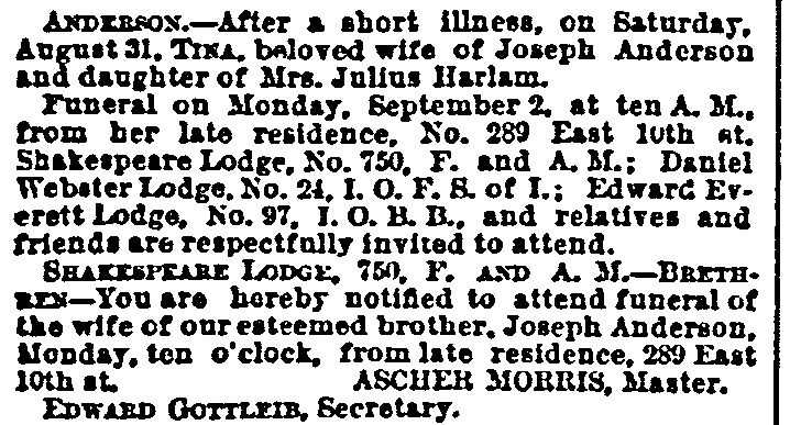 obituary for Tina Anderson, New York Herald newspaper article 2 September 1889