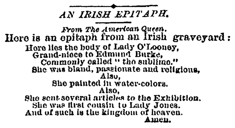 epitaph for Lady O’Looney, New York Tribune newspaper article 2 January 1885