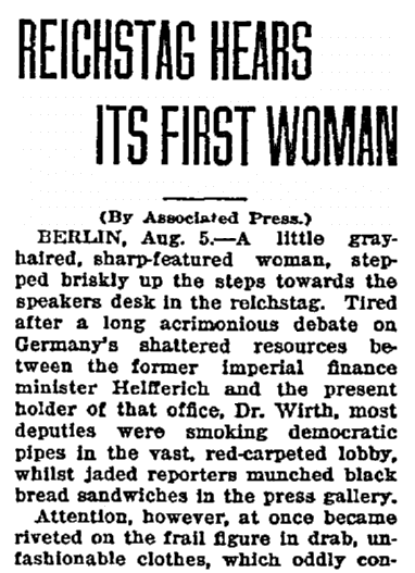 article about Clara Zetkin, Olympia Daily Recorder newspaper article 6 August 1920