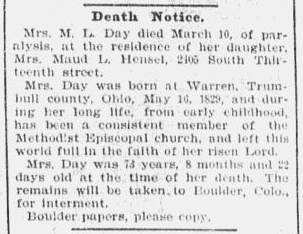 obituary for M. L. Day, Omaha World-Herald newspaper article 11 March 1903