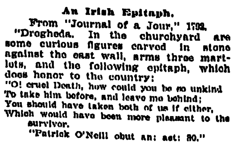 epitaph for Patrick O’Neil, Oregonian newspaper article 27 May 1899