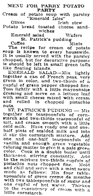 recipes for a St. Patrick's Day party, Patriot newspaper article 22 March 1918