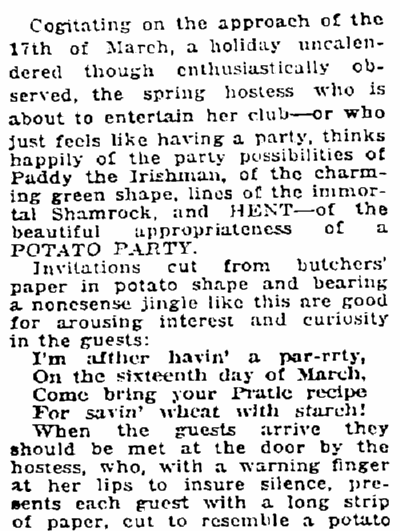 article about food for a St. Patrick's Day party, Patriot newspaper article 22 March 1918