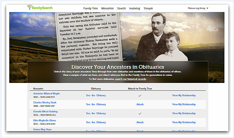 screenshot of a landing page from FamilySearch showing obituaries