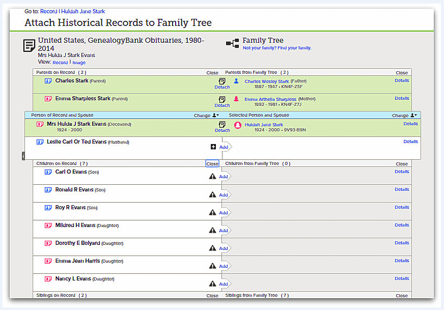 screenshot of FamilySearch showing the attachment of records to a family tree