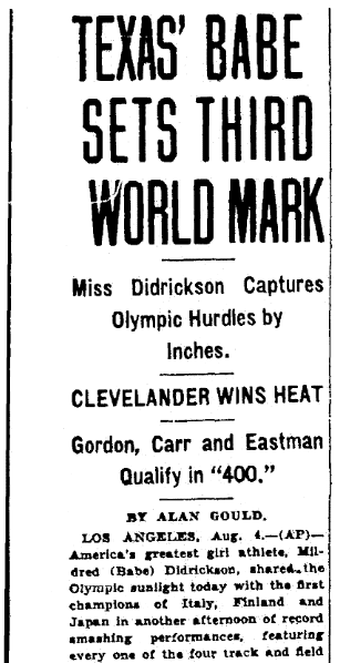 article about Babe Didrickson, Plain Dealer newspaper article 5 August 1932