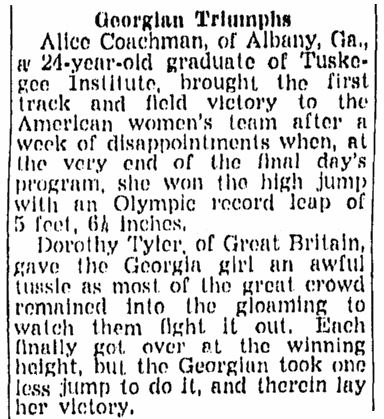 article about Alice coachman, Richmond Times Dispatch newspaper article 8 August 1948