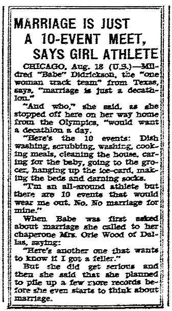 article about Babe Didrickson, San Diego Union newspaper article 19 August 1932