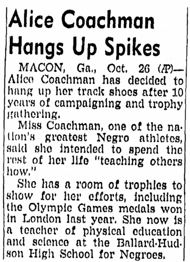 article about Alice coachman, San Diego Union newspaper article 27 October 1949