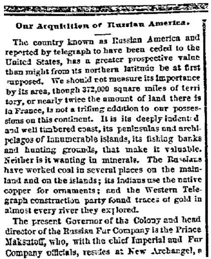 article about the Alaska Purchase, San Francisco Bulletin newspaper article 1 April 1867