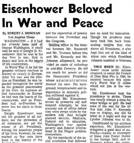 article about the death of Dwight D. Eisenhower, Seattle Daily Times newspaper article 28 March 1969