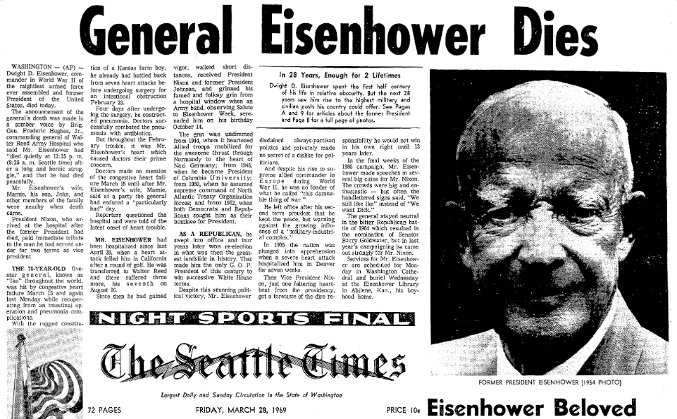 article about the death of Dwight D. Eisenhower, Seattle Daily Times newspaper article 28 March 1969