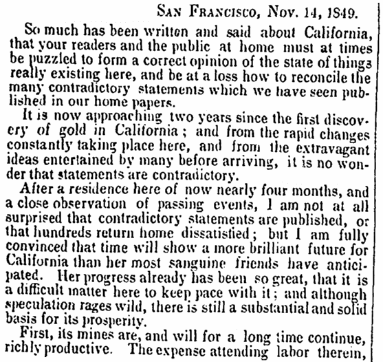 article about the California Gold Rush, Semi-Weekly Union newspaper article 1 January 1850