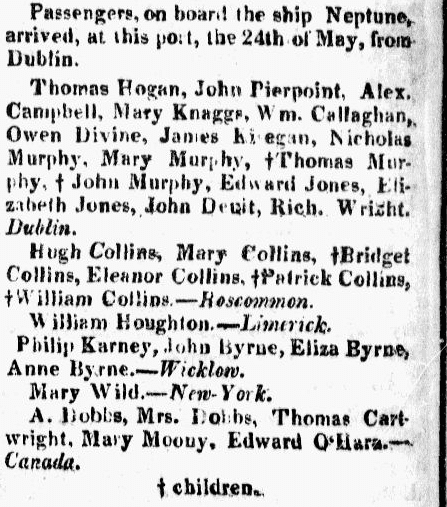 passenger list from the ship Neptune, Shamrock newspaper article 31 May 1817