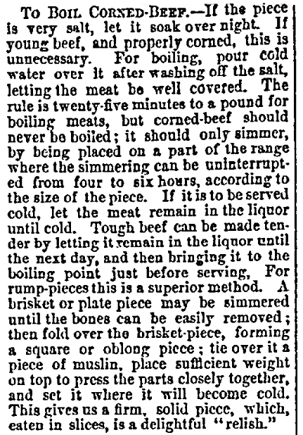 recipe for corned beef for St. Patrick's Day, Sioux City Journal newspaper article 9 June 1872